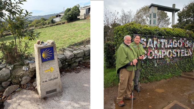 This image consists of 2 photos.  On the left is a large way marker showing which direction the trail goes.  On the right, Richard Rueda and Rom Lais are standing at the end of the trail in front of a large sign reading 'Santiago de Compostela'.  They are each wearing rain ponchos and carrying hiking poles.